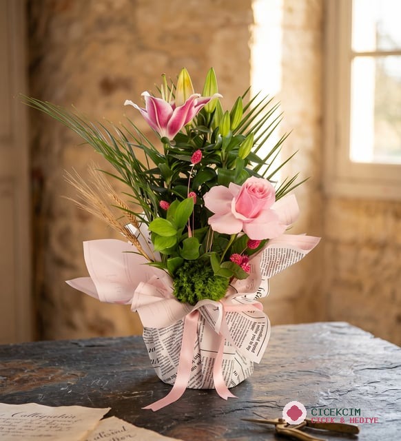 Gazete Buket Kağıdında Pembe Lilyum ve Gül
