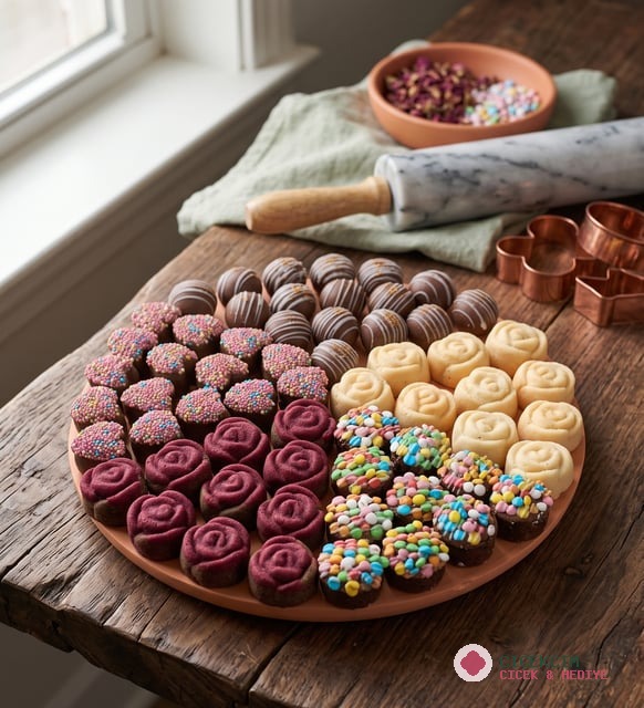 Minibonlu ve Şekerli Kalp, Gül ve Kakaolu Kekler