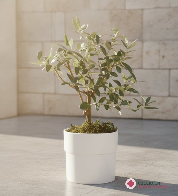 Beyaz Polimer Saksıda Zeytin Ağacı